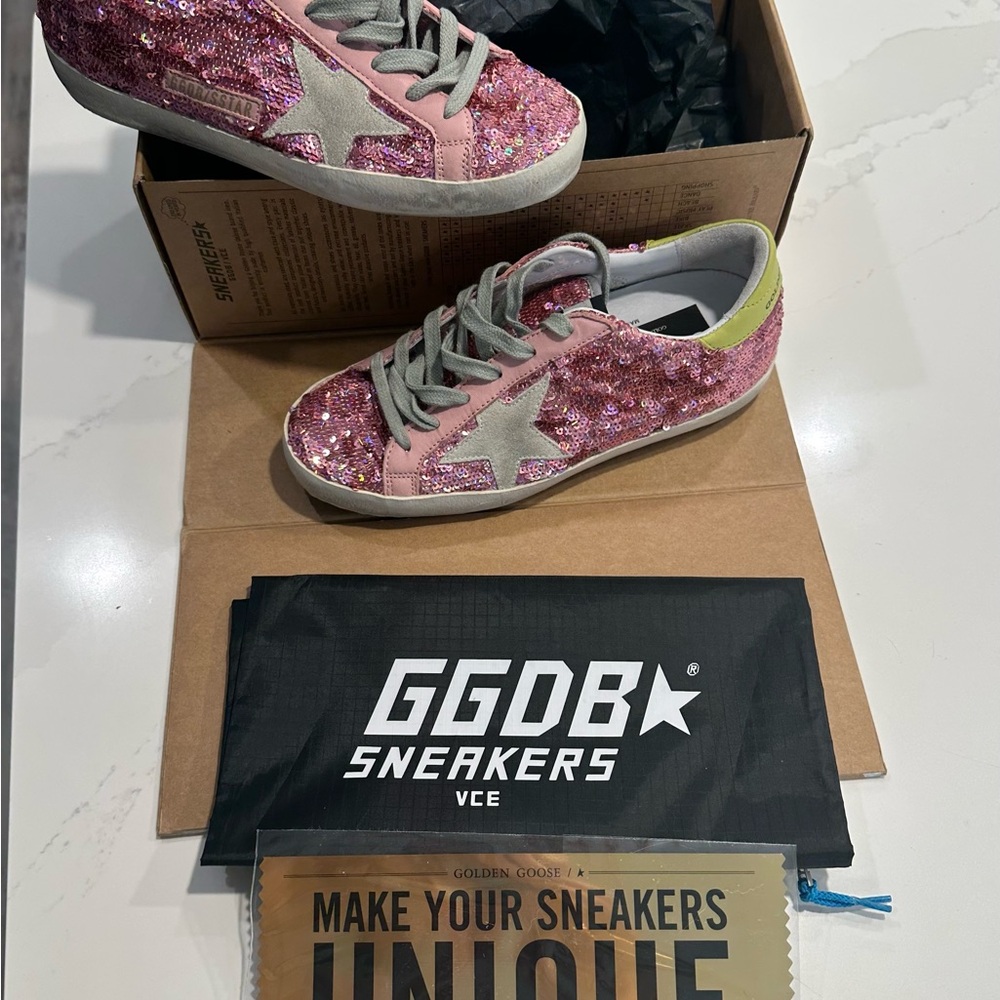 Golden Goose Pink Glitter Sneakers with Gray Star - Picture 2 of 9